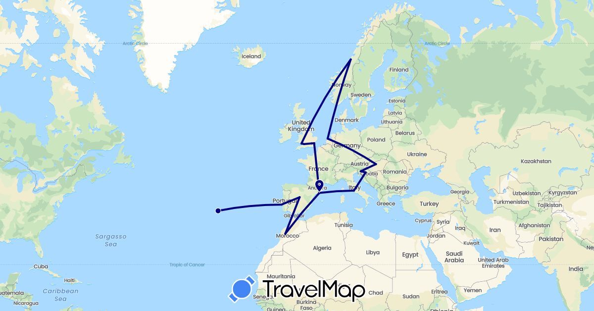 TravelMap itinerary: driving in Spain, United Kingdom, Croatia, Hungary, Italy, Morocco, Netherlands, Norway, Portugal, Slovenia (Africa, Europe)